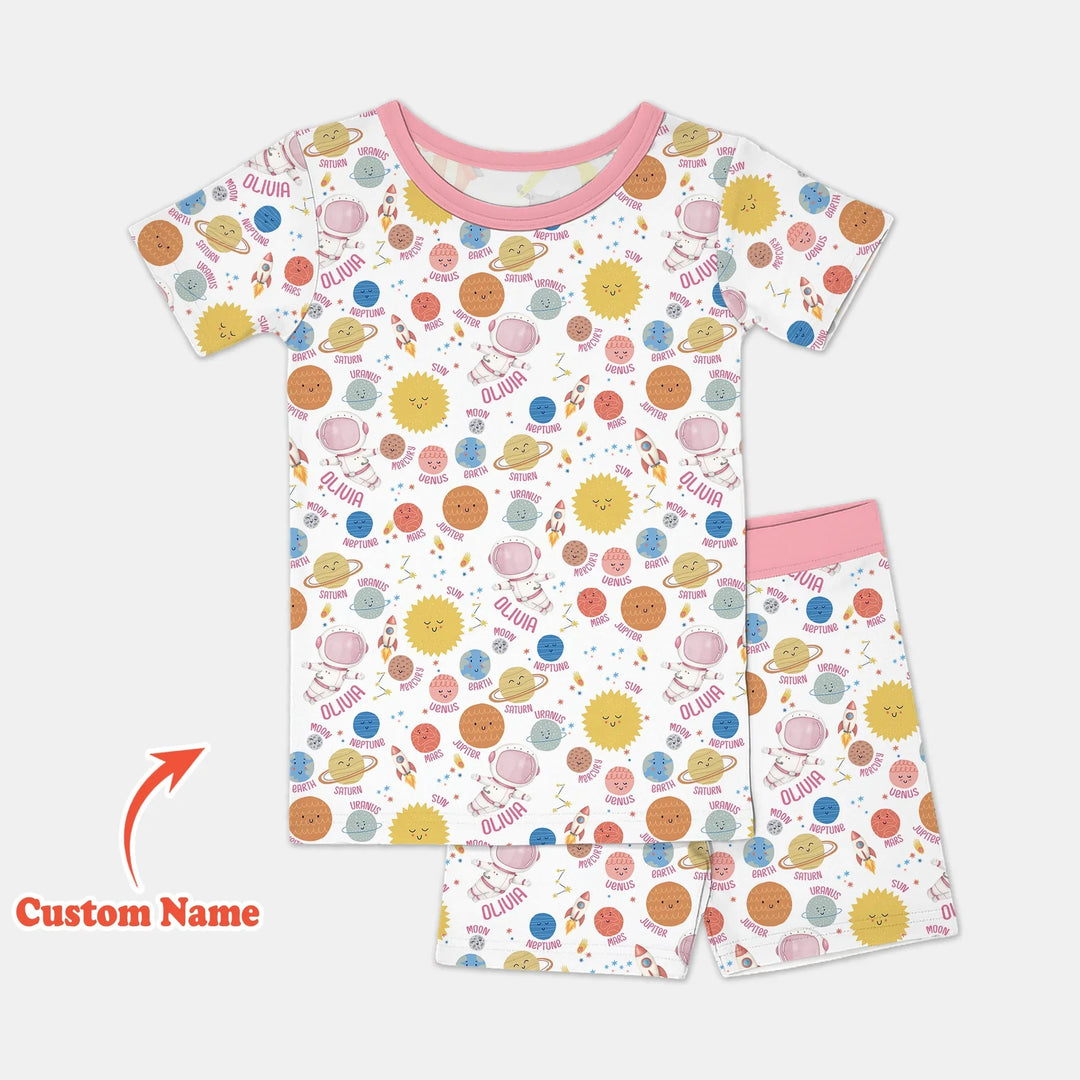 Custom Name Little's Kid into Universer Bamboo Two Piece Short Sleeve Shorts Pajama Set