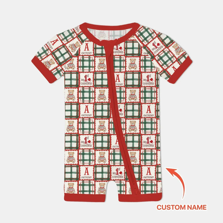 Custom Name Teddy Bear Gingham My 1st Christmas Bamboo Shorty Zippy