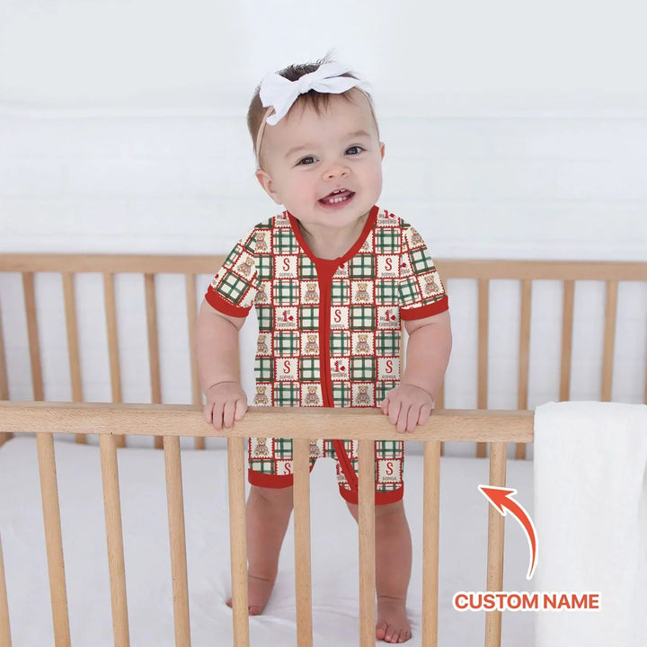 Custom Name Teddy Bear Gingham My 1st Christmas Bamboo Shorty Zippy