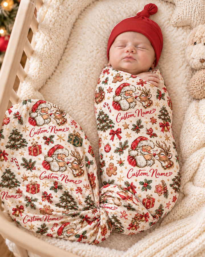 Custom Name Santa And Reindeer Bamboo Swaddle Blanket