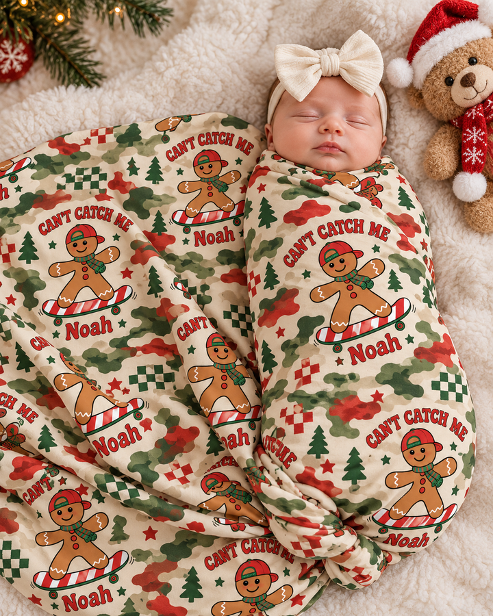 Custom Name Gingerbread Skateboard Christmas Bamboo Swaddle Blanket