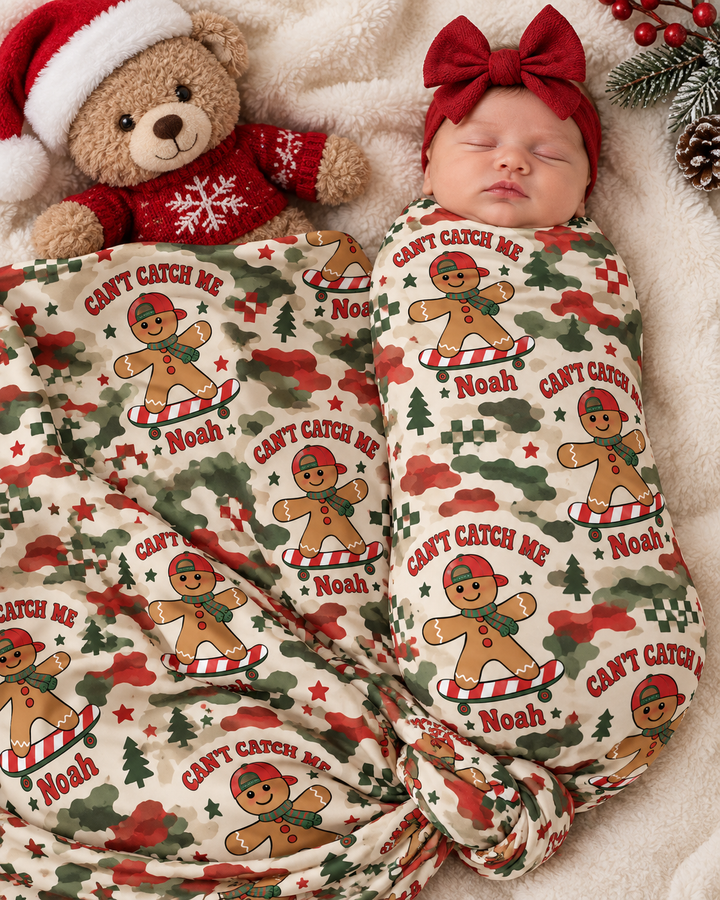 Custom Name Gingerbread Skateboard Christmas Bamboo Swaddle Blanket