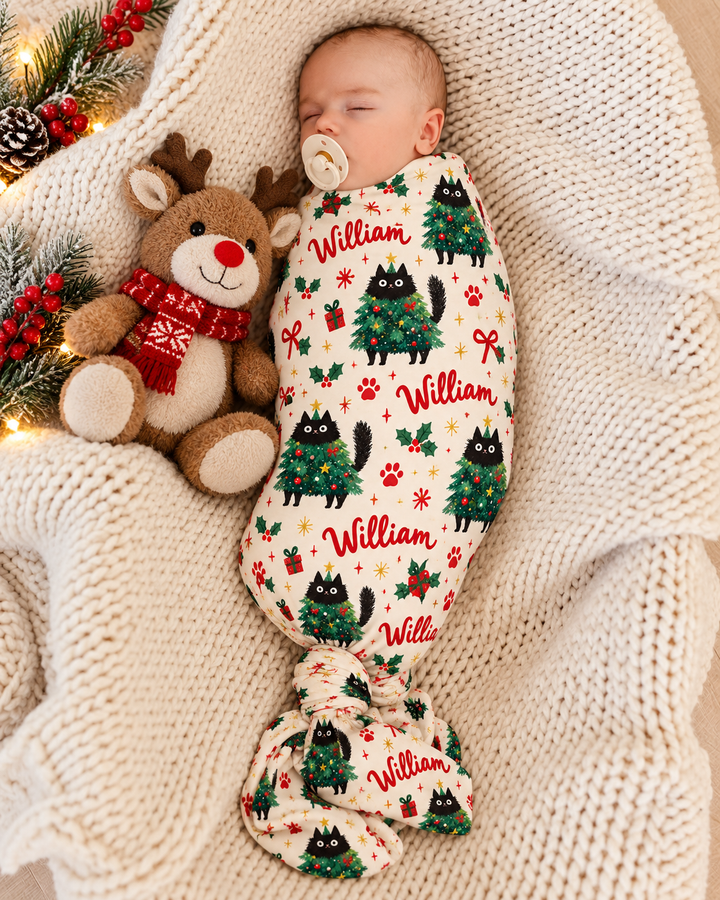 Custom Name Funny Christmas Tree Cat Bamboo Swaddle Blanket