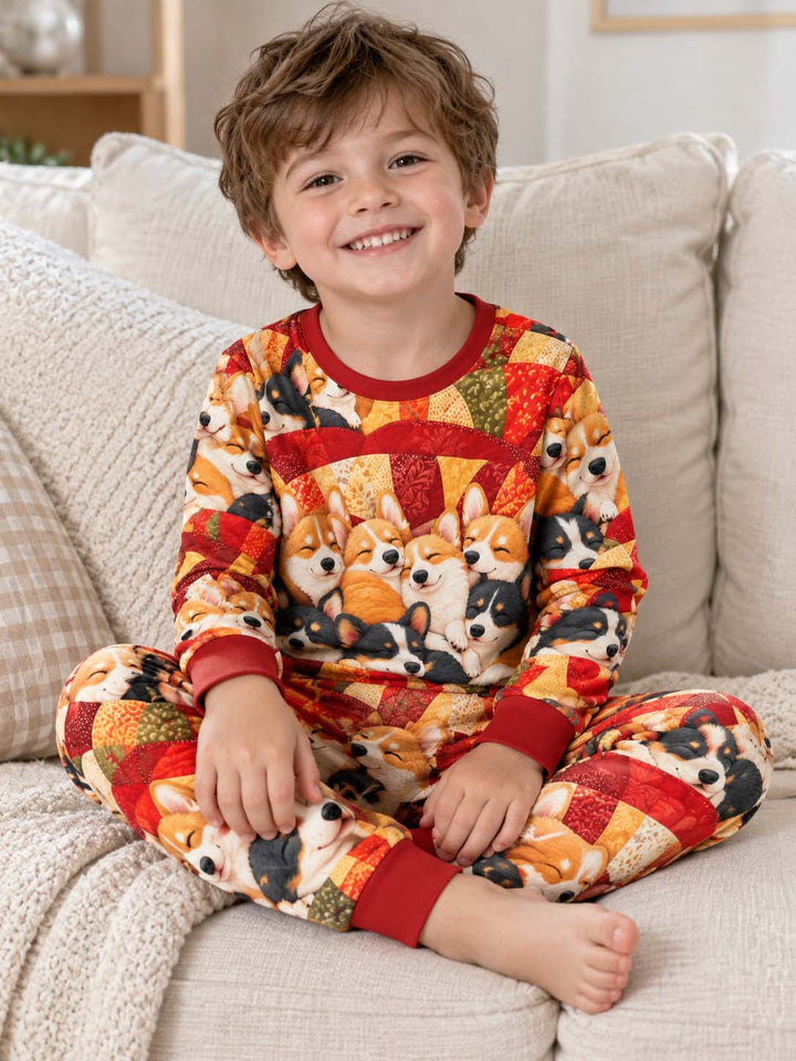 Sleeping Corgi Patchwork Bamboo Two Piece Long Sleeve Pajama Set