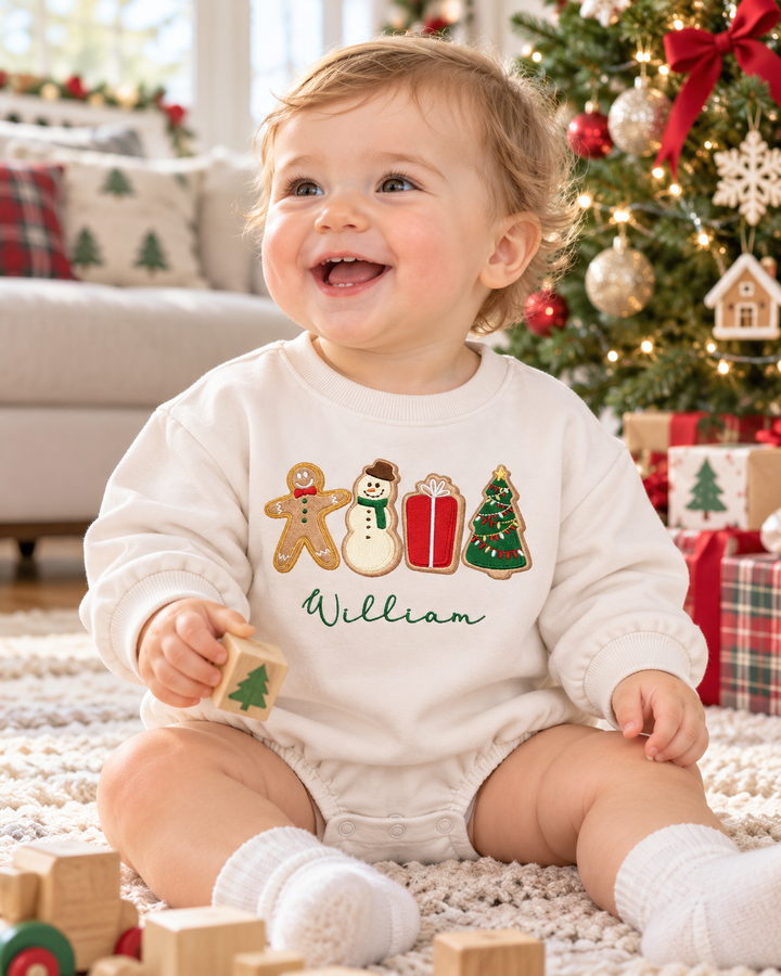 Custom Name Christmas Cookie Embroidered Sweatshirt Bubble Romper
