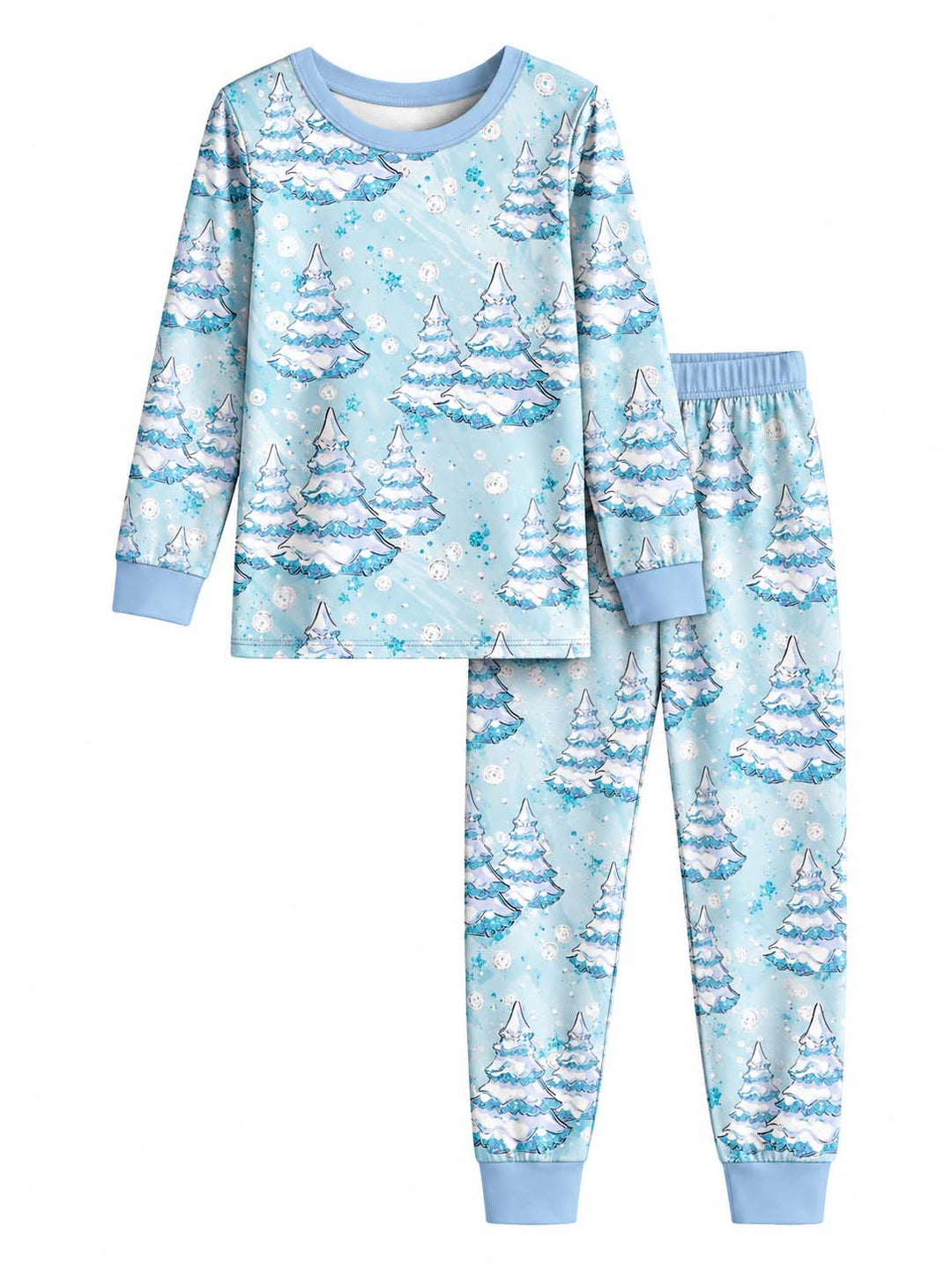 Snowy Blue Christmas Trees Bamboo Two Piece Long Sleeve Pajama Set