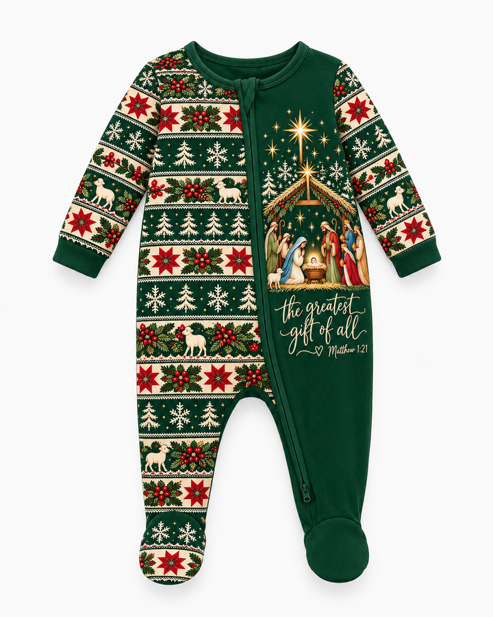 The Greatest Gift of All Nativity Christmas Bamboo Zippered Footie Romper