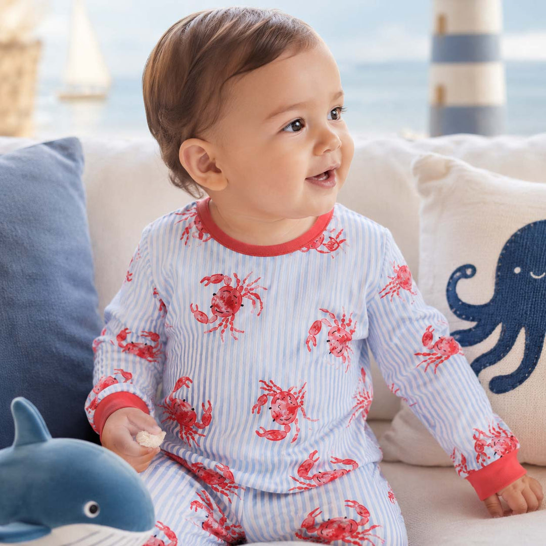 Striped Crab Pattern Bamboo Two Piece Long Sleeve Pajama Set