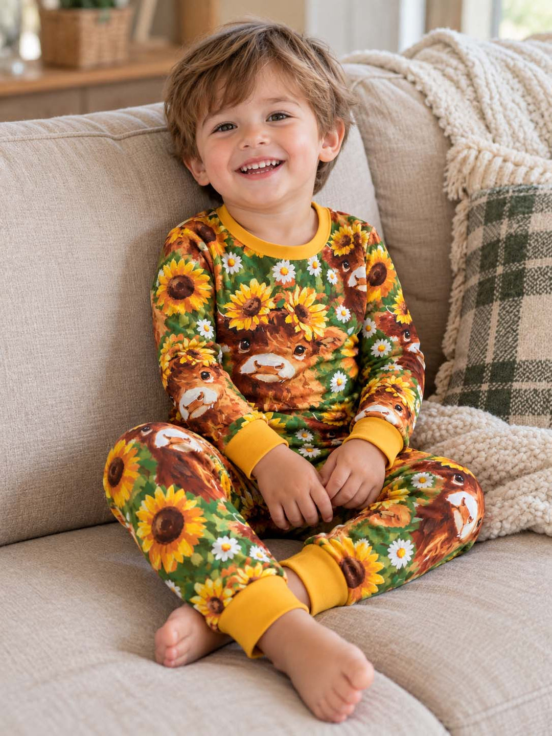Sunflower Highland Cow Bamboo Two Piece Long Sleeve Pajama Set