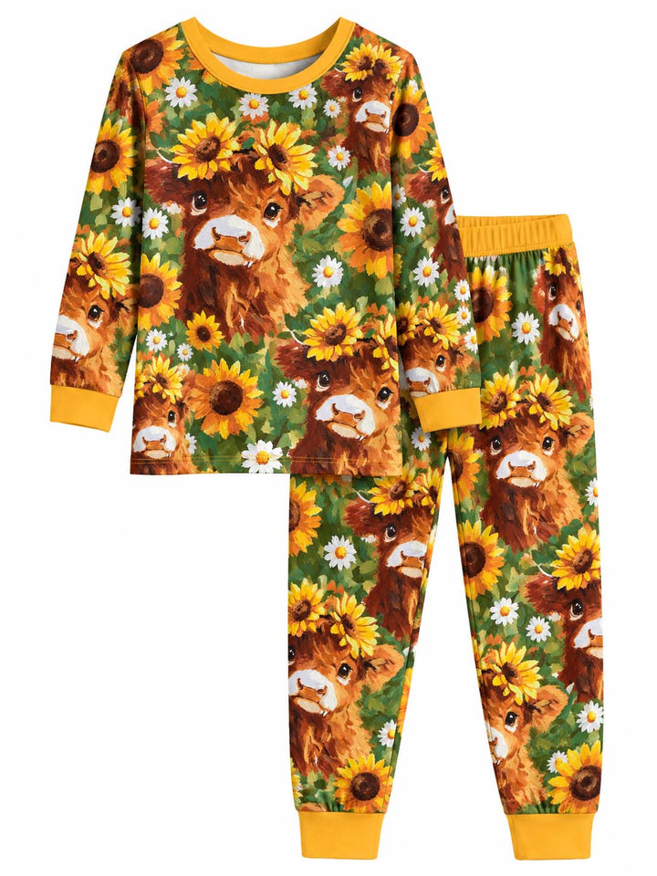 Sunflower Highland Cow Bamboo Two Piece Long Sleeve Pajama Set