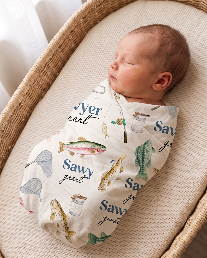 Personalized Baby Name Gone Fishing Bamboo Swaddle Blanket