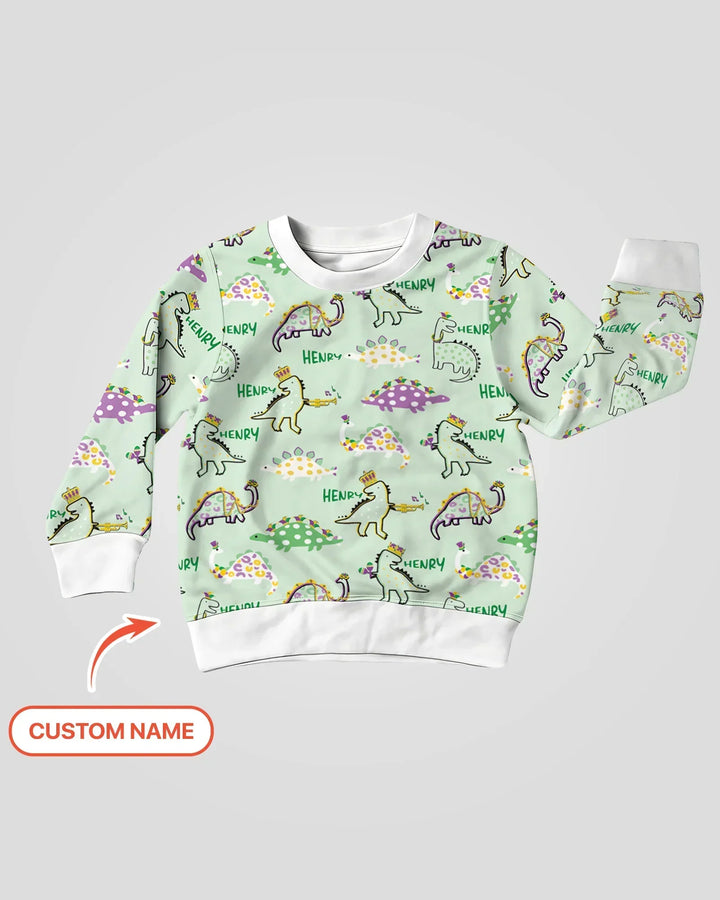 Custom Name Mardi Gras Saurus Bamboo Crewneck Sweatshirt