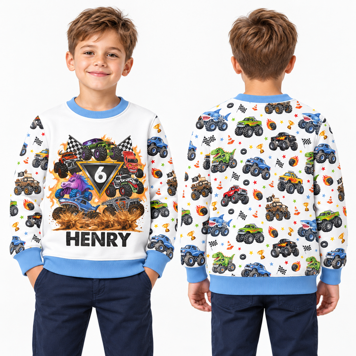 Personalized Monster Trucks Birthday Boy Bamboo Crewneck Sweatshirt