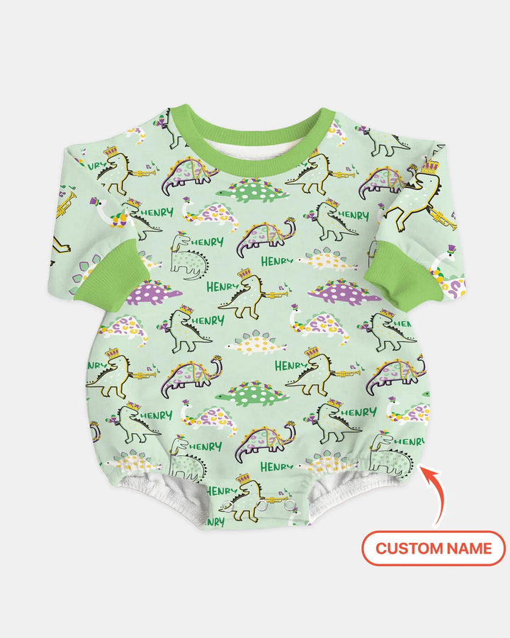 Custom Name Mardi Gras Saurus Bamboo Bubble Romper