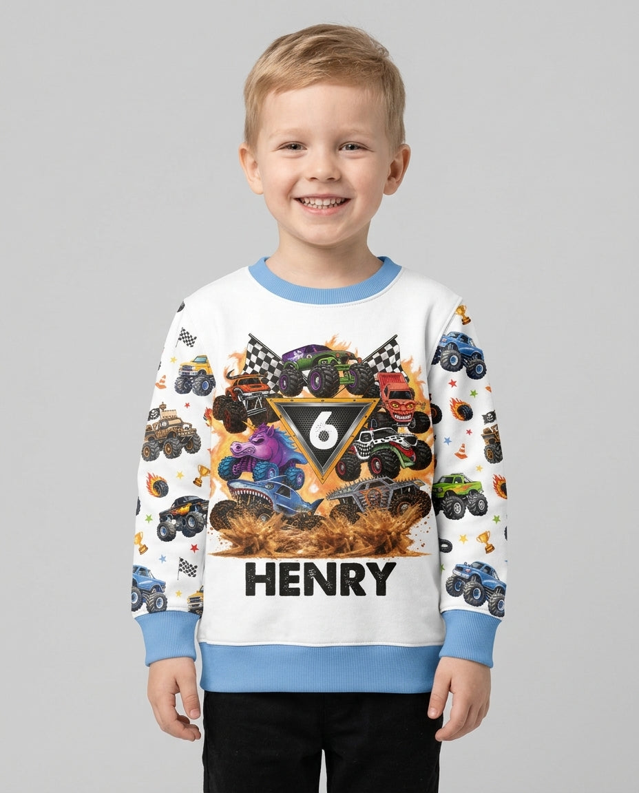 Personalized Monster Trucks Birthday Boy Bamboo Crewneck Sweatshirt