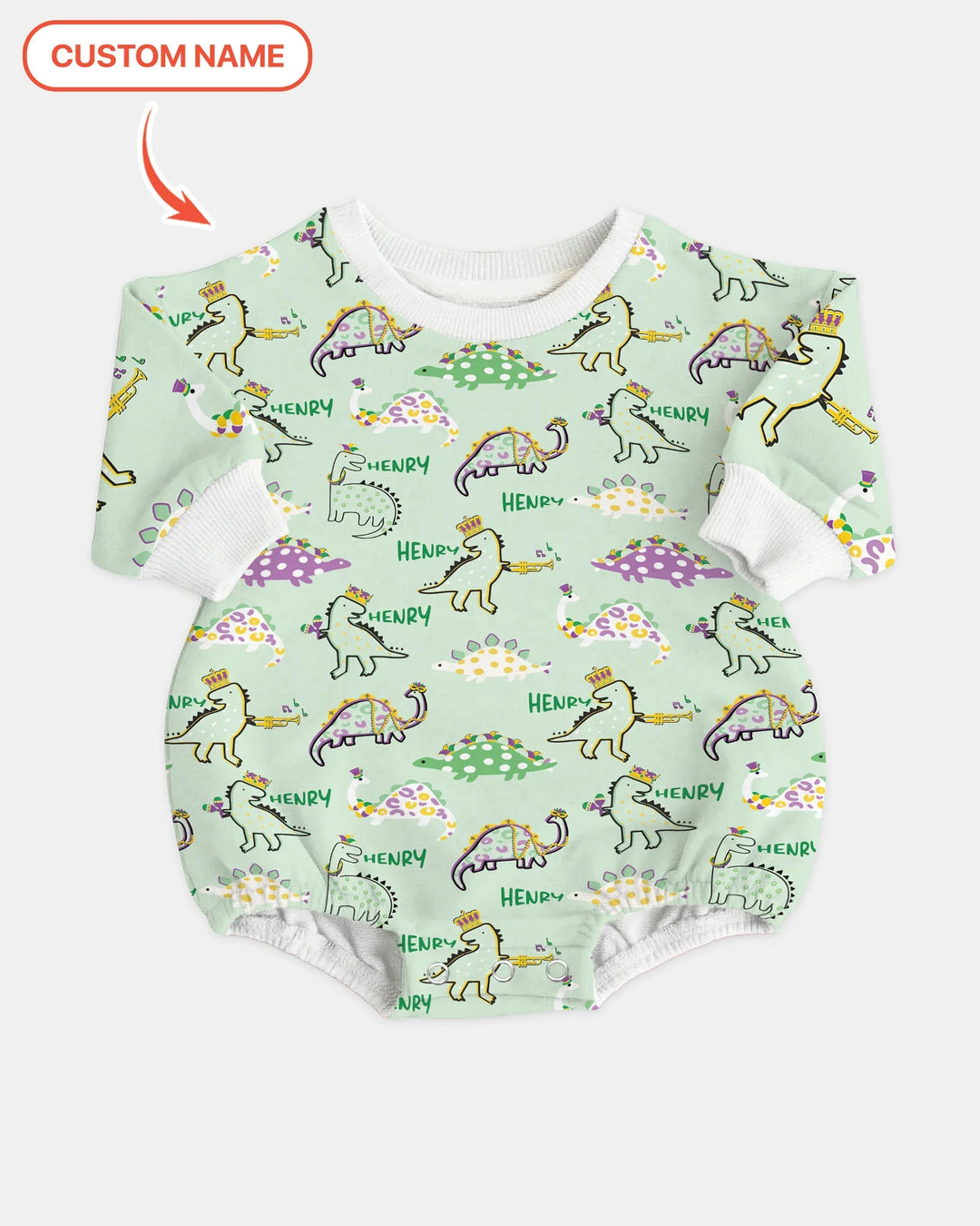 Custom Name Mardi Gras Saurus Bamboo Bubble Romper