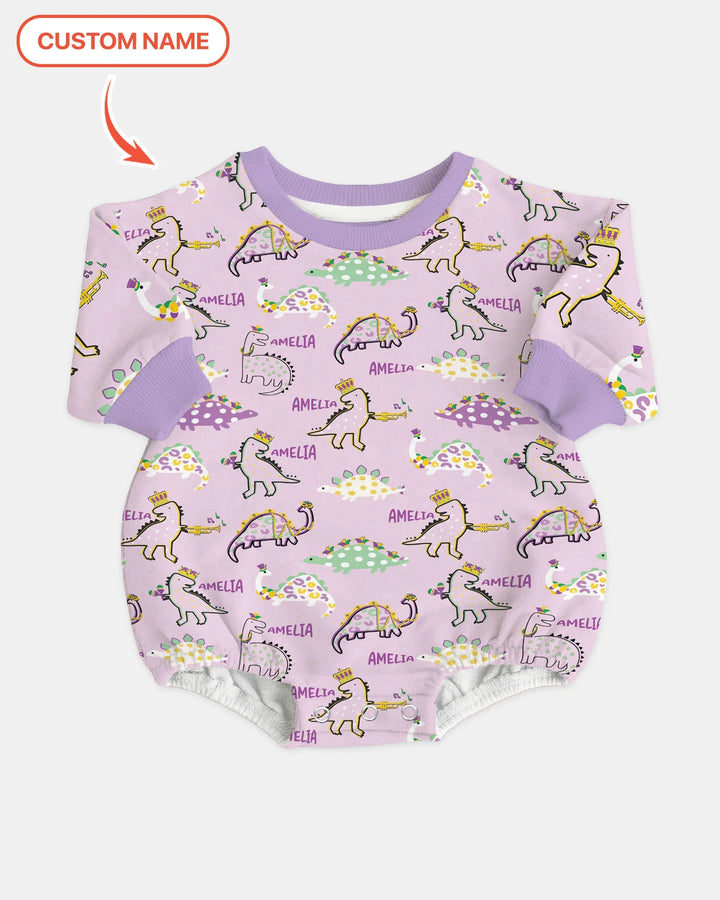 Custom Name Mardi Gras Saurus Bamboo Bubble Romper