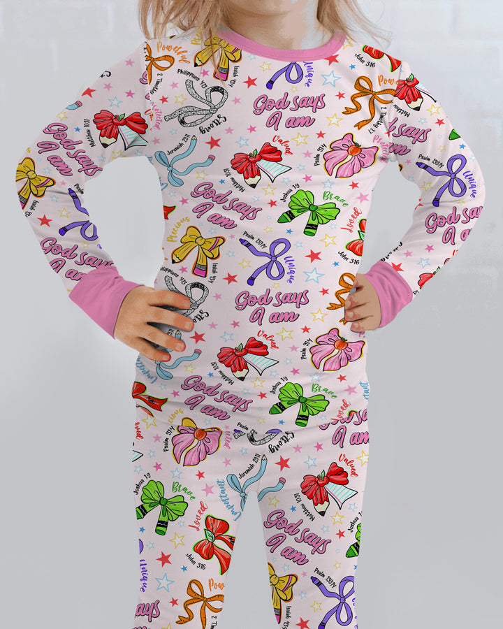 Pencil Bows God Says I Am Bamboo Two Piece Long Sleeve Pajama Set