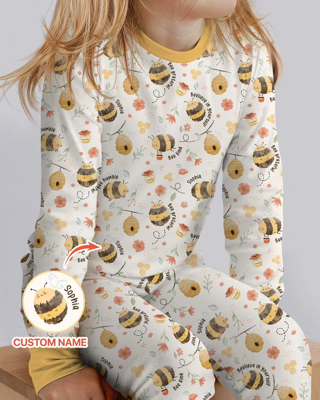 Bee Kind Custom Name Bamboo Two Piece Long Sleeve Pajama Set