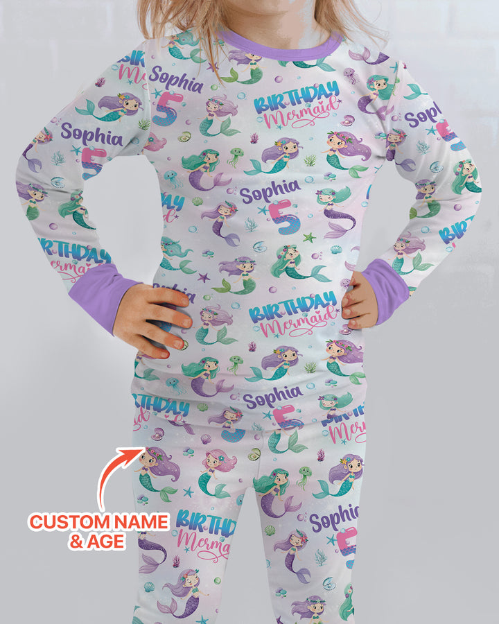 Custom Name and Age Birthday Mermaid Bamboo Two Piece Long Sleeve Pajama Set