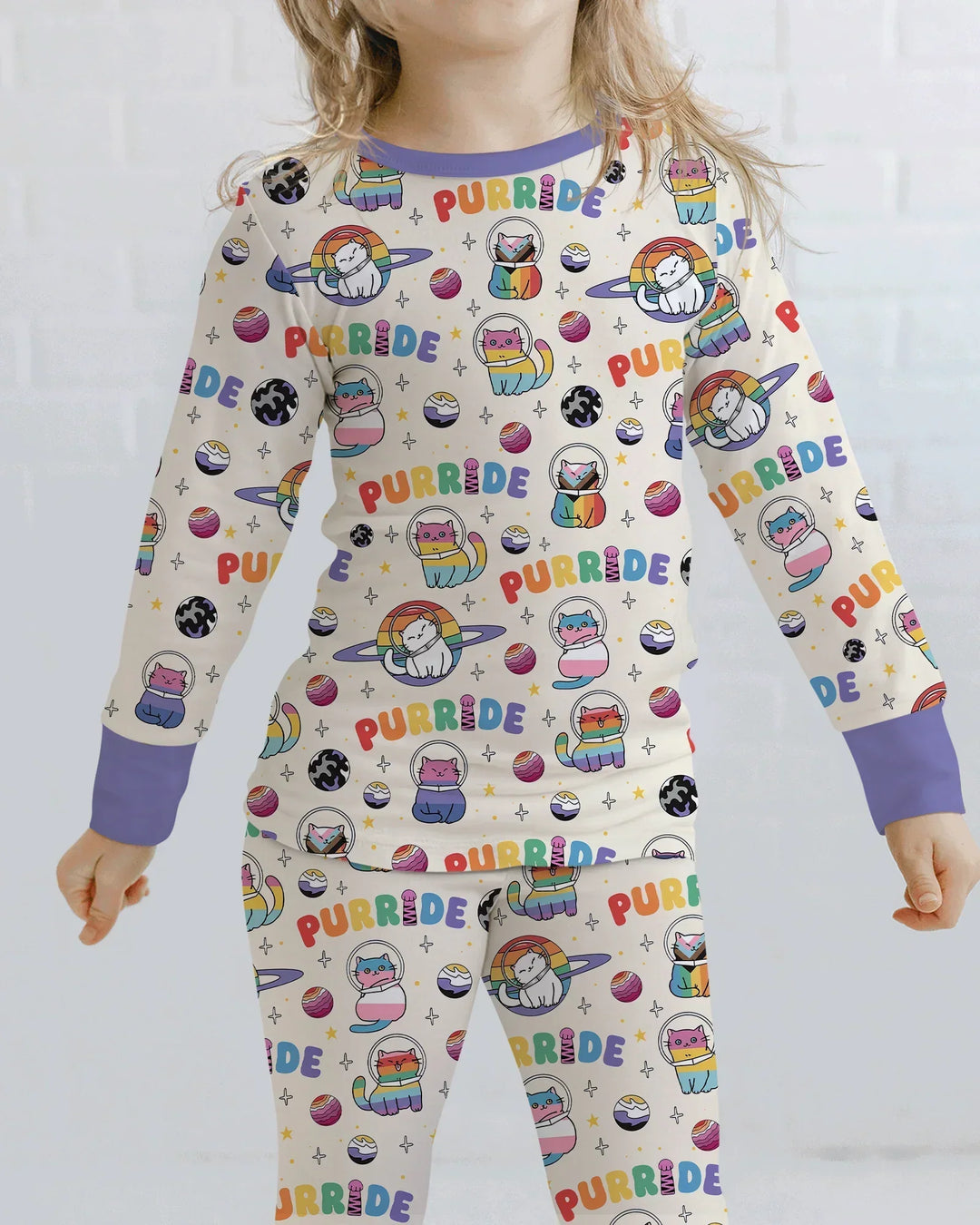 Rainbow Space Cats Family Matching Bamboo Two Piece Long Sleeve Pajama Set