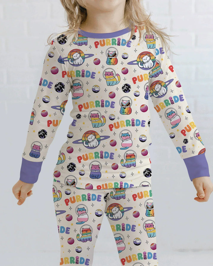 Rainbow Space Cats Family Matching Bamboo Two Piece Long Sleeve Pajama Set