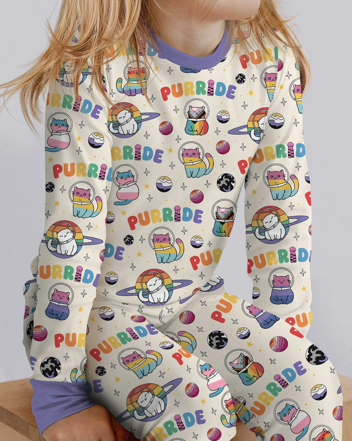 Rainbow Space Cats Family Matching Bamboo Two Piece Long Sleeve Pajama Set
