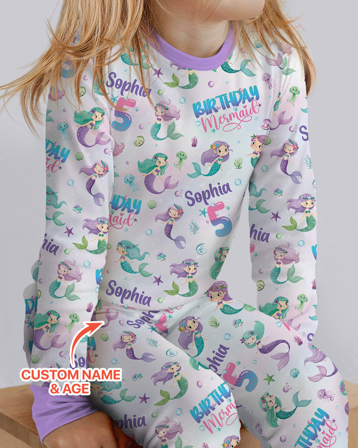 Custom Name and Age Birthday Mermaid Bamboo Two Piece Long Sleeve Pajama Set