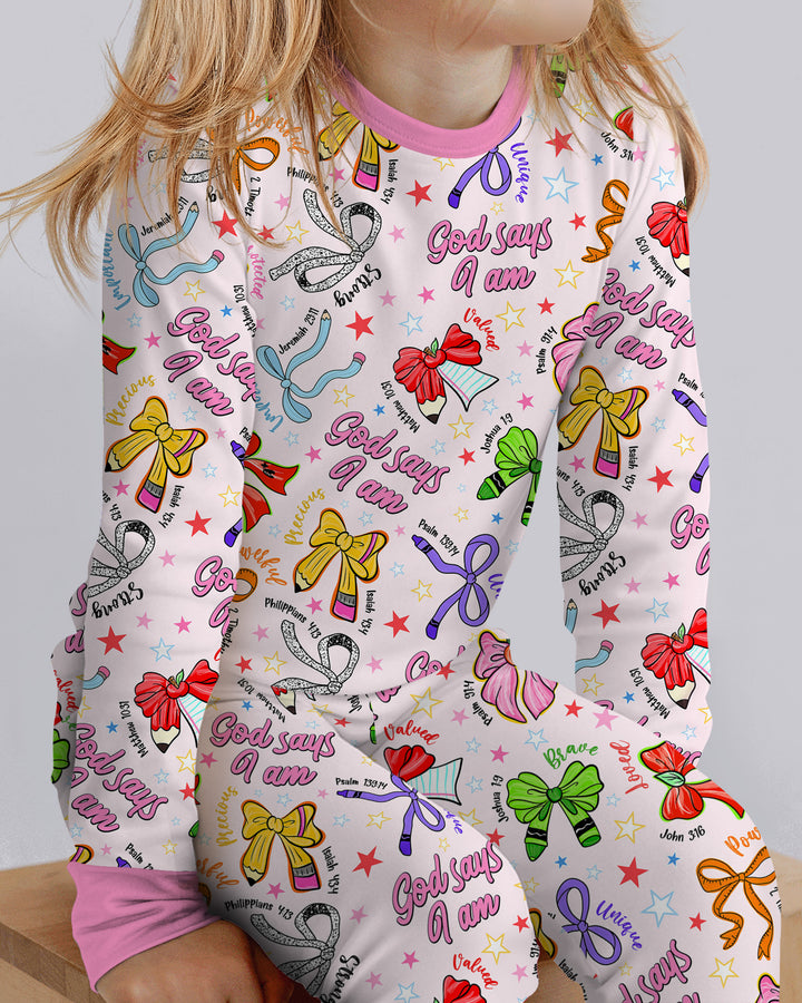 Pencil Bows God Says I Am Bamboo Two Piece Long Sleeve Pajama Set
