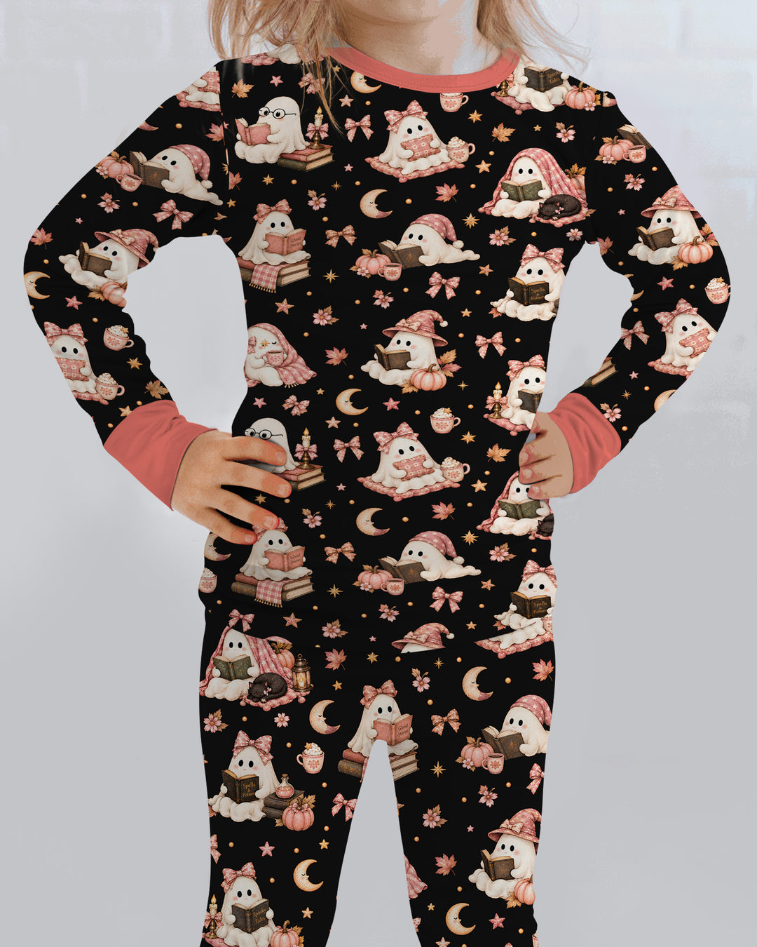 Coquette Bookish Ghost Halloween Bamboo Two Piece Long Sleeve Pajama Set