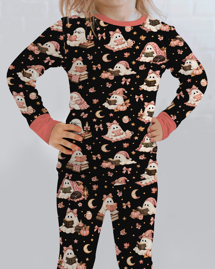 Coquette Bookish Ghost Halloween Bamboo Two Piece Long Sleeve Pajama Set