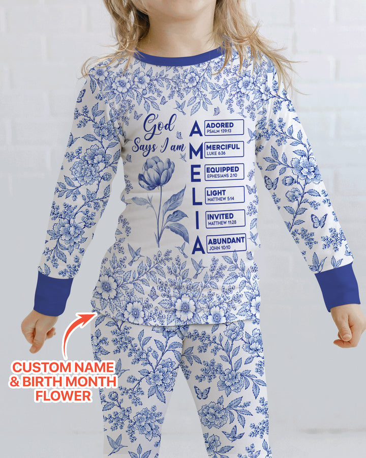 God Says I Am Letter In Bible Birth Flower Toile De Jouy  Bamboo Two Piece Long Sleeve Pajama Set