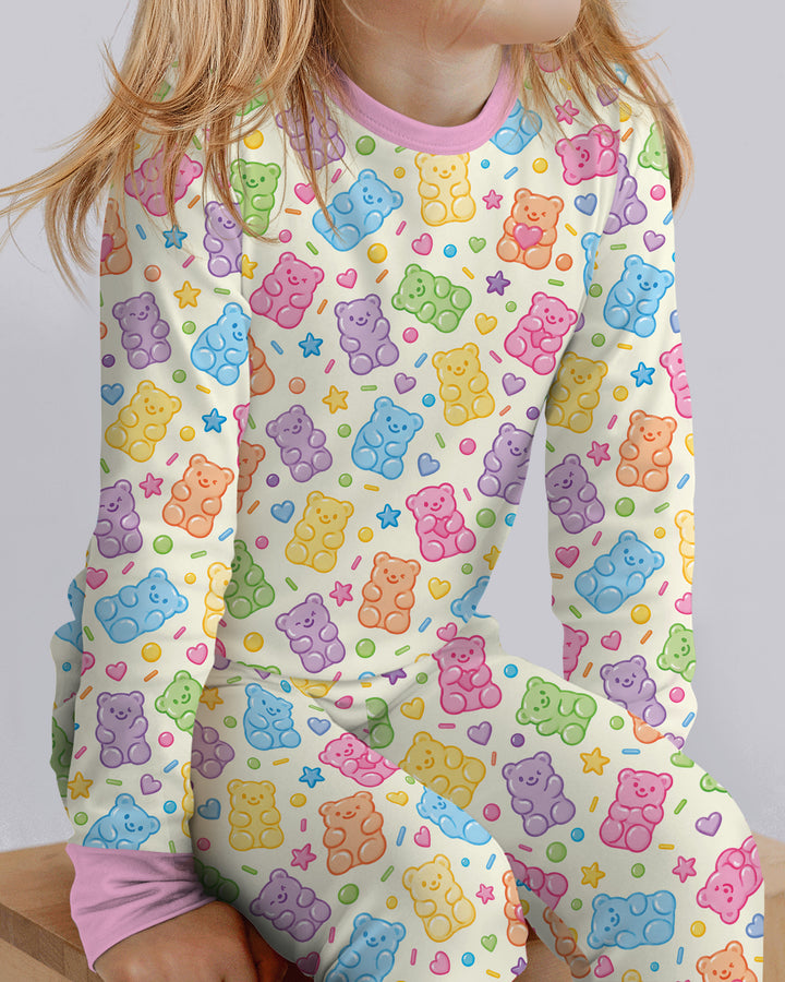 Cute Pastel Colorful Gummy Bears Bamboo Two Piece Long Sleeve Pajama Set