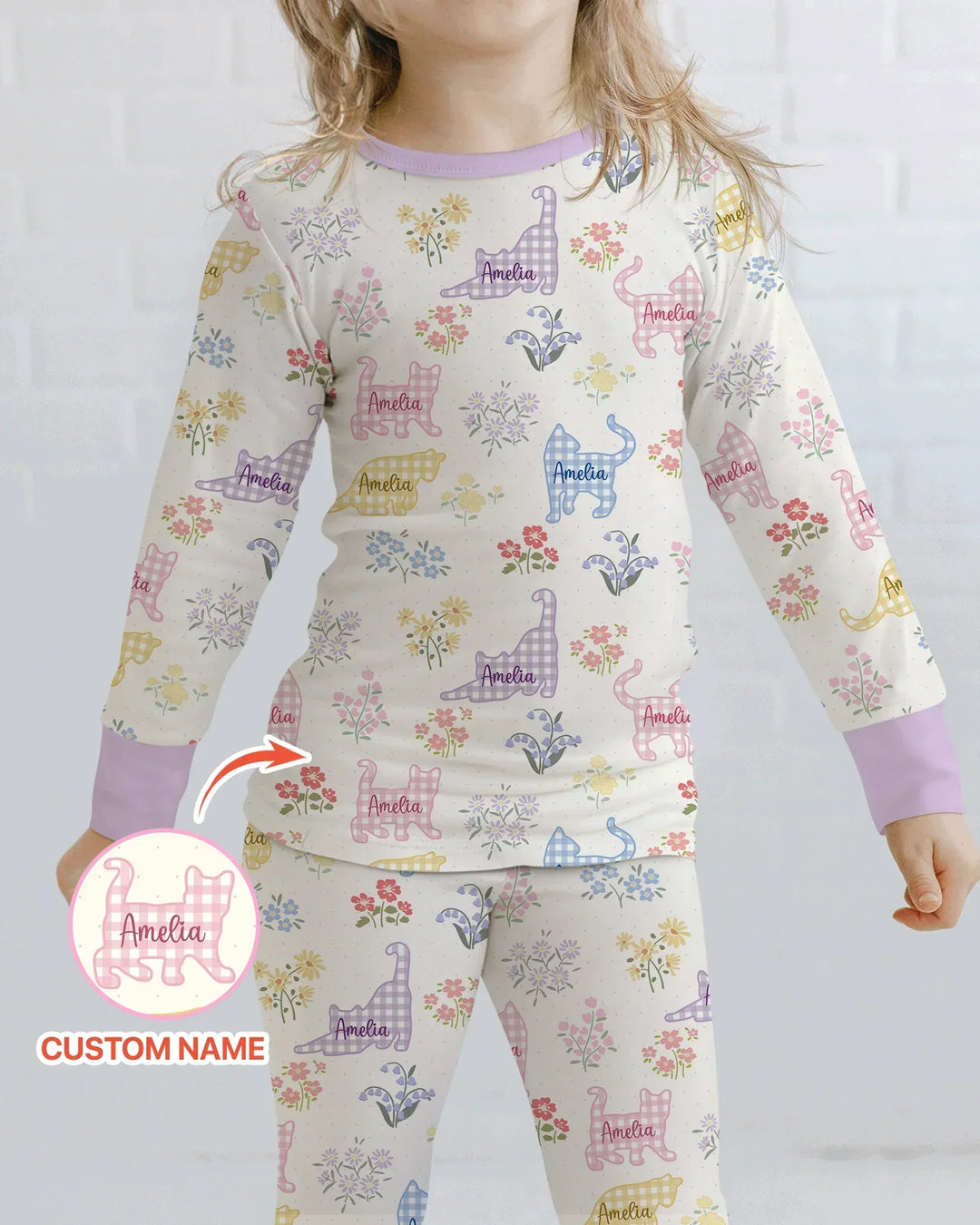 Gingham Cats Custom Name Bamboo Two Piece Long Sleeve Pajama Set