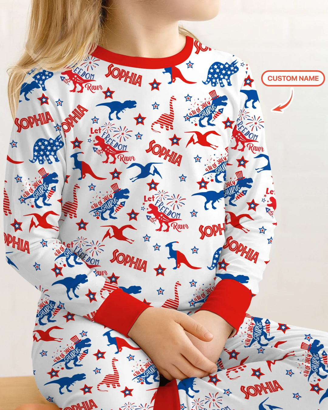 Custom Name Patriotic Dinosaur Bamboo Two Piece Long Sleeve Pajama Set