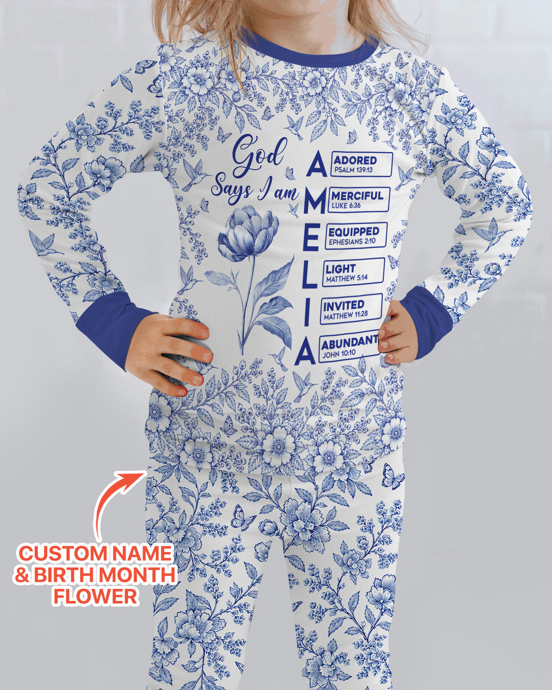God Says I Am Letter In Bible Birth Flower Toile De Jouy  Bamboo Two Piece Long Sleeve Pajama Set