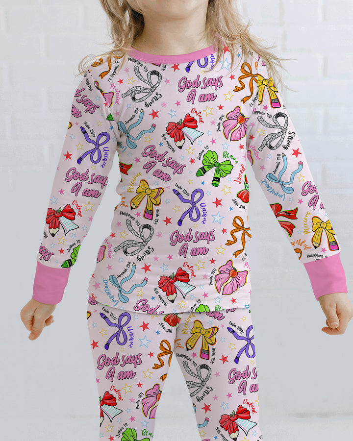 Pencil Bows God Says I Am Bamboo Two Piece Long Sleeve Pajama Set