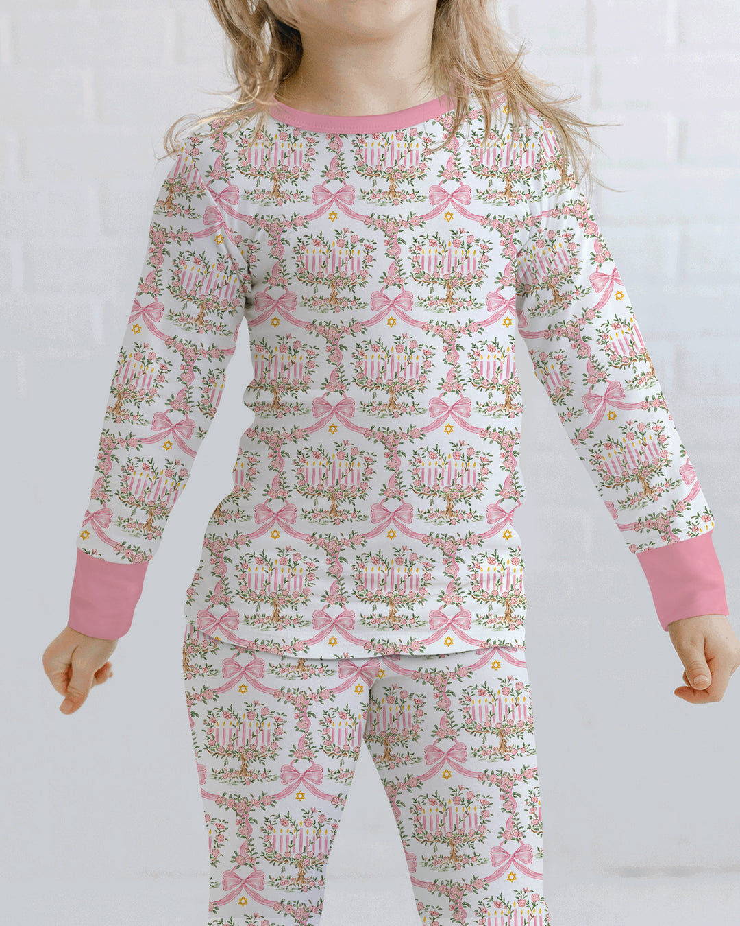 Cute Bow Hanukkah Menorah Bamboo Two Piece Long Sleeve Pajama Set