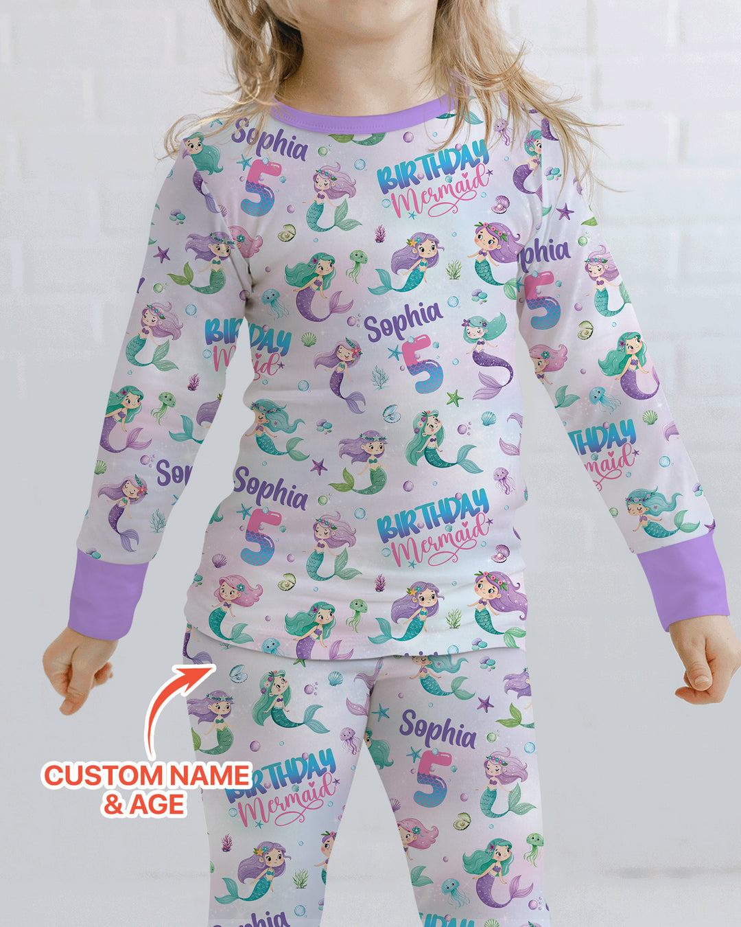 Custom Name and Age Birthday Mermaid Bamboo Two Piece Long Sleeve Pajama Set