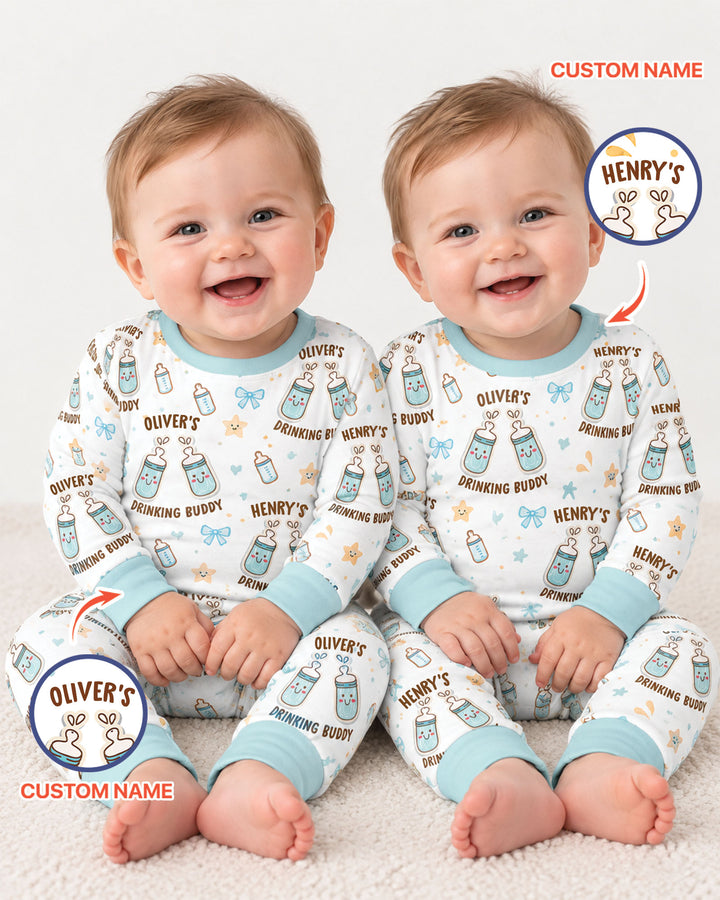 Custom Name Twin Drinking Buddies Bamboo Two Piece Long Sleeve Pajama Set