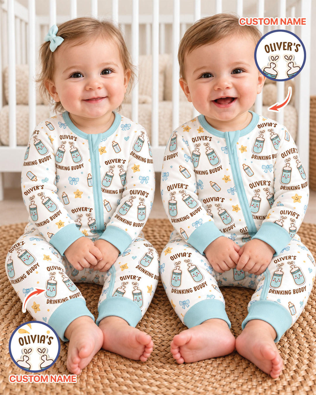 Custom Name Twin Drinking Buddies Bamboo Convertible Zippy