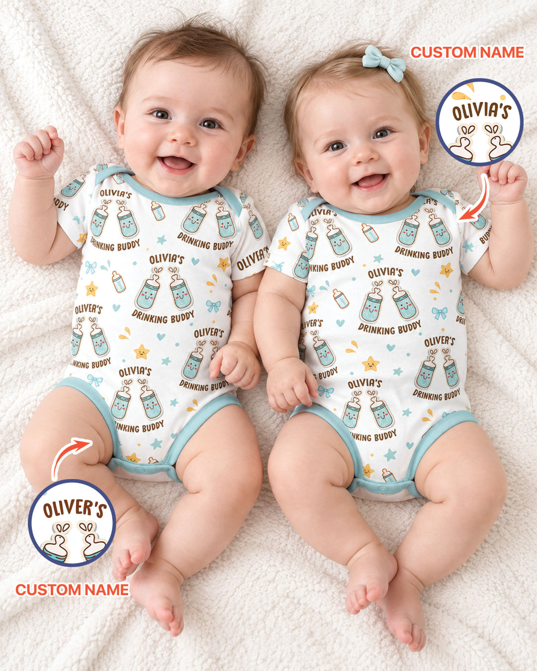 Custom Name Twin Drinking Buddies Bamboo Bodysuit