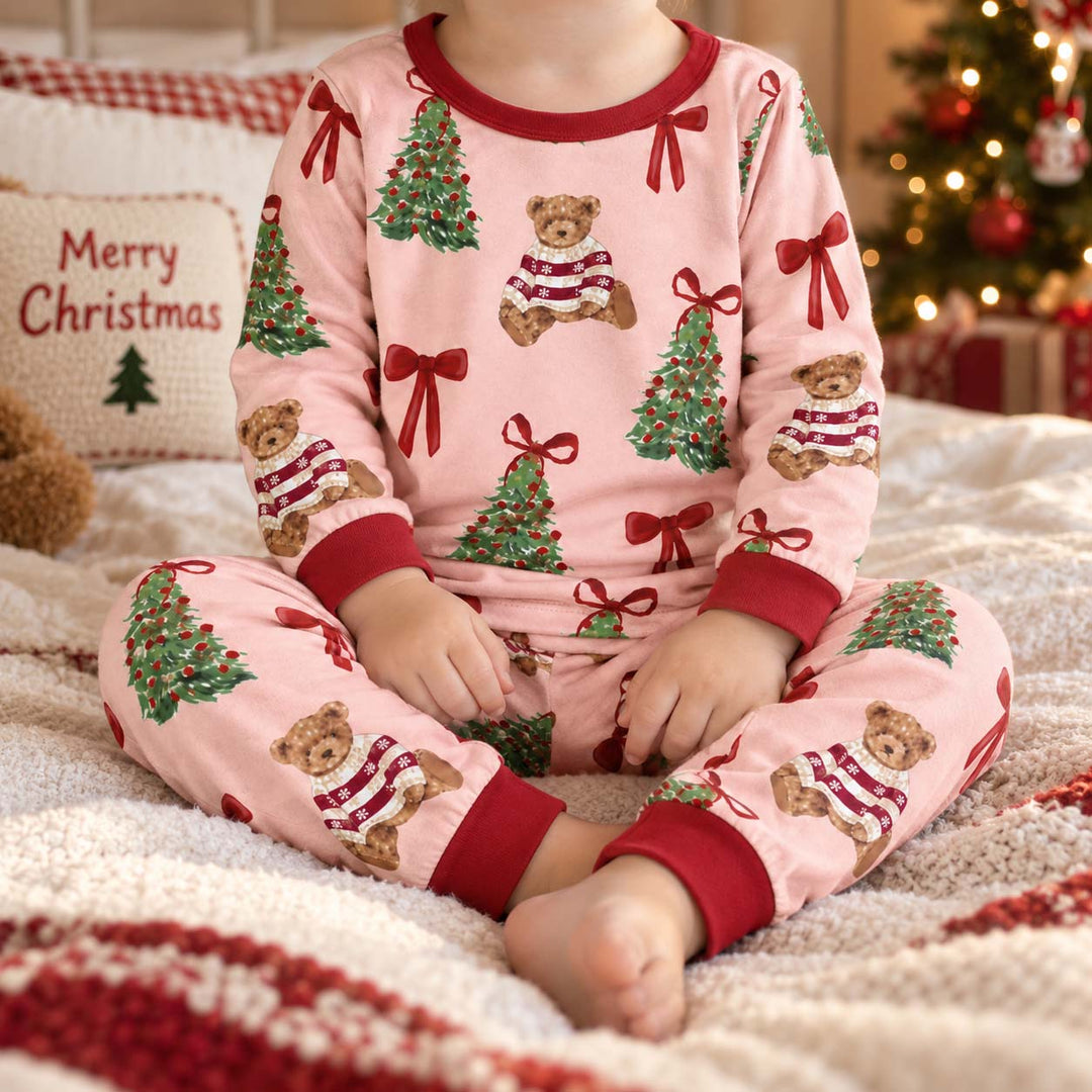 Teddy Bear Christmas Trees and Bows Bamboo Two Piece Long Sleeve Pajama Set