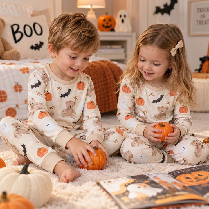 Teddy Bear Ghost Halloween Bamboo Two Piece Long Sleeve Pajama Set