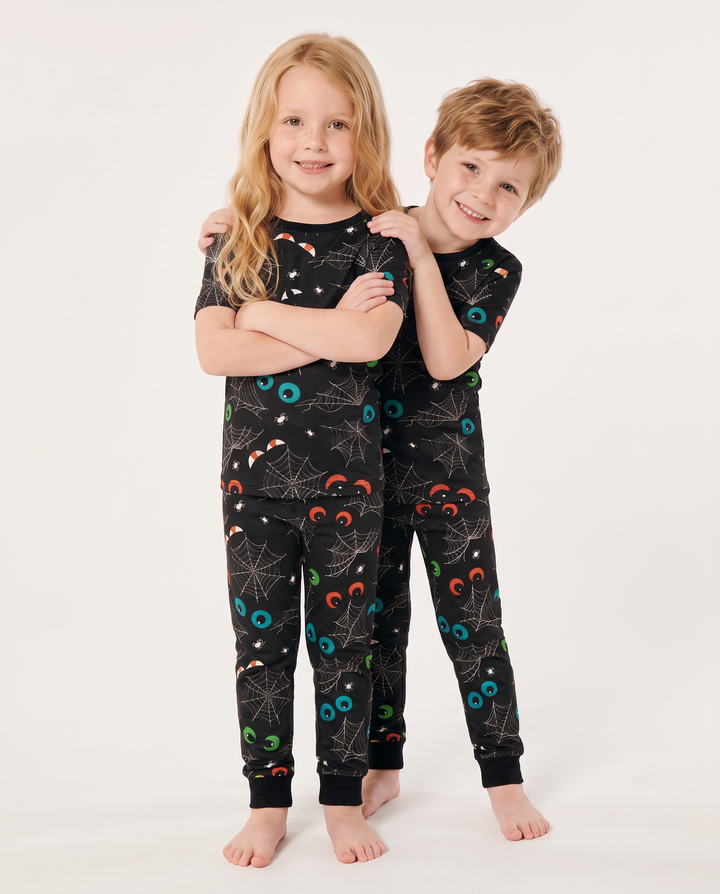 Glow In The Dark Creepy Spiderweb Bamboo Two Piece Short Sleeve Pyjamas Set