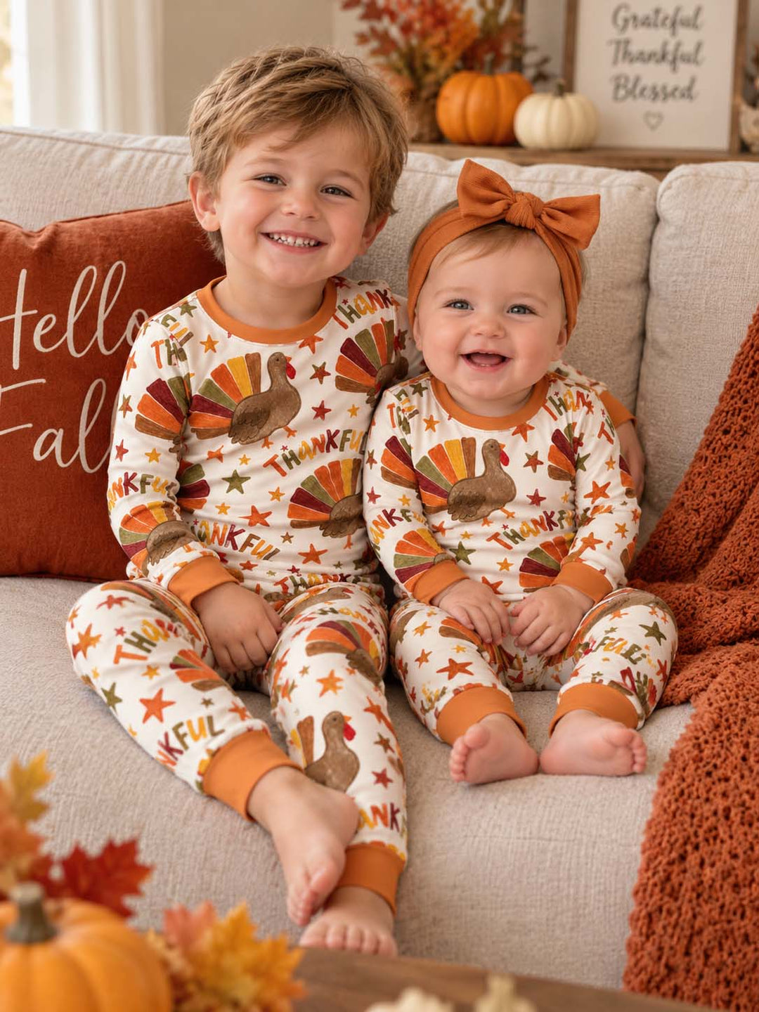 Thankful Turkey Autumn Stars Bamboo Two Piece Long Sleeve Pajama Set
