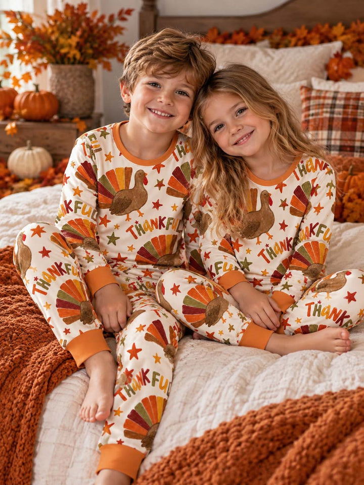 Thankful Turkey Autumn Stars Bamboo Two Piece Long Sleeve Pajama Set