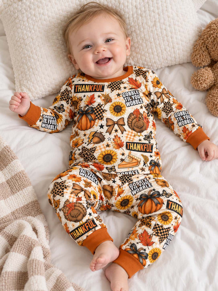 Thankful Turkey Fall Collage Bamboo Two Piece Long Sleeve Pajama Set