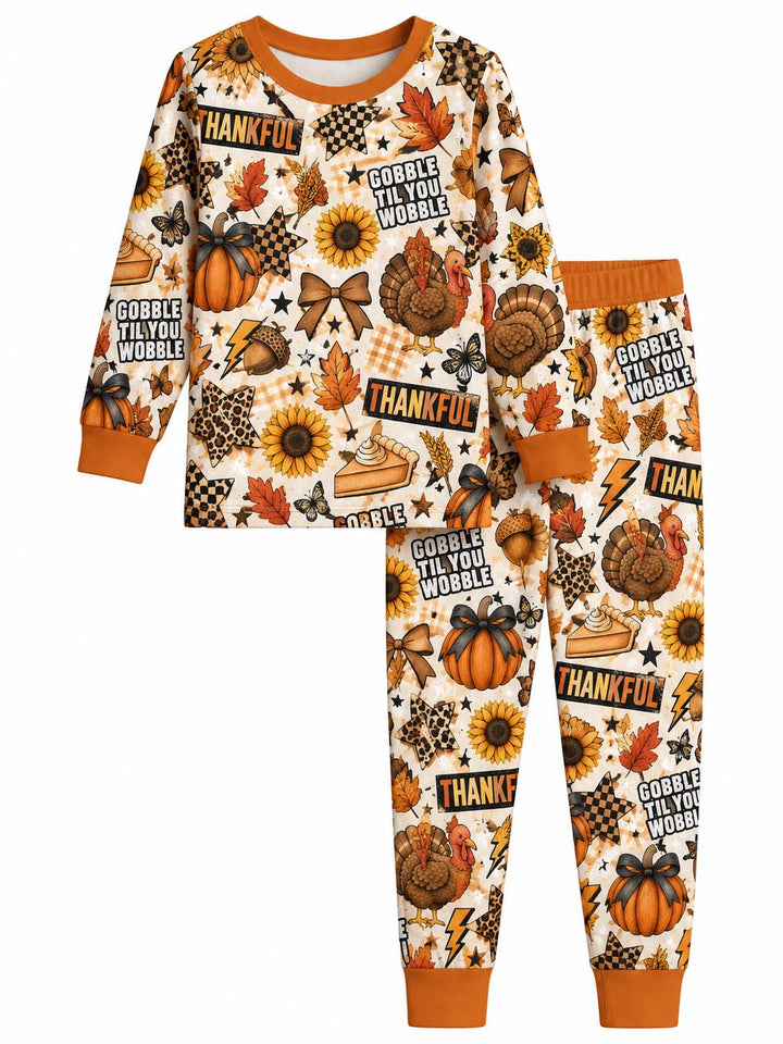 Thankful Turkey Fall Collage Bamboo Two Piece Long Sleeve Pajama Set