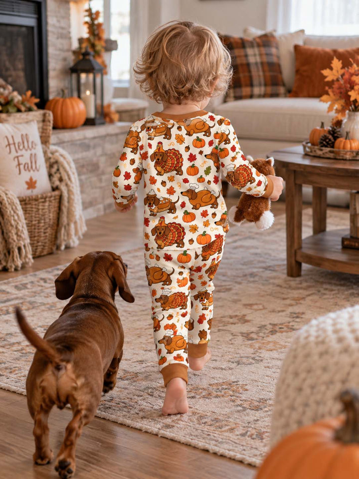 Thanksgiving Dachshund Feast Bamboo Two Piece Long Sleeve Pajama Set